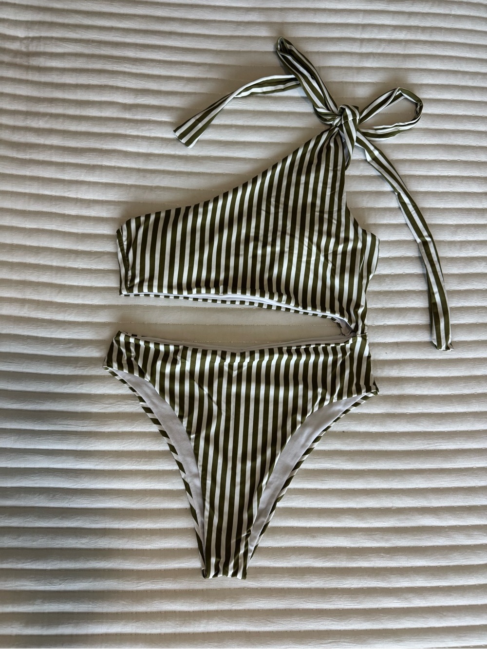 Asymmetric One-Shoulder Striped Bikini Set in Olive and White